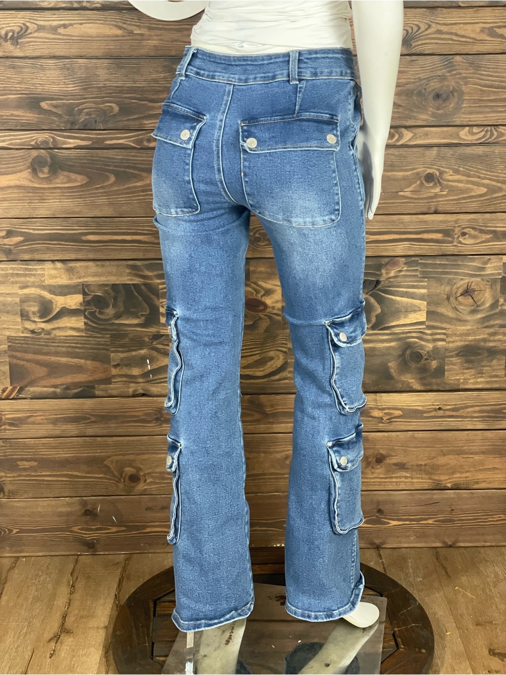 Forever 21 | Flared Wide Leg Utility High-Rise Cargo Denim Jeans Medium Wash - Picture 4 of 6